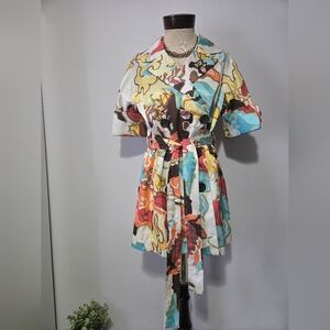 Vertigo Paris Multicolor Abstract Cotton Blend Short Sleeve Trench. Size Medium